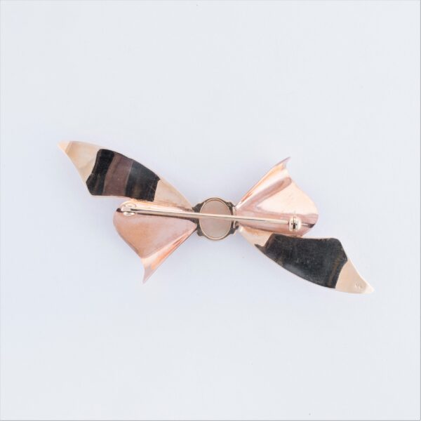 Vintage 14K Yellow and Rose Gold Opal and Diamond Bow Pin